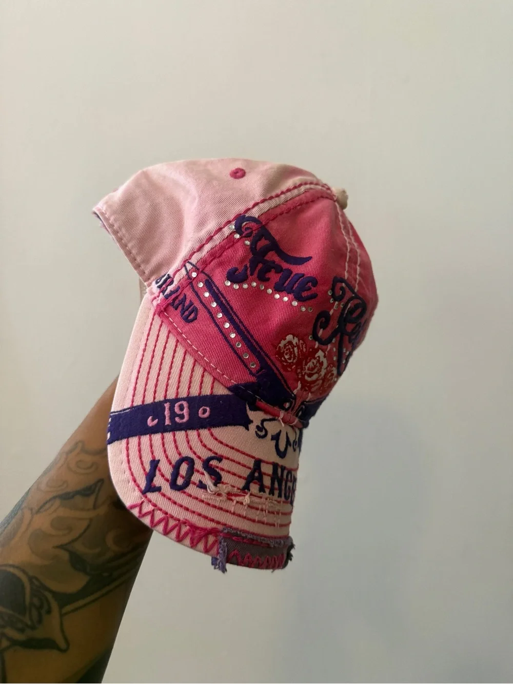 Y2K True Religion Pink Embellished Los Angeles Cap three roses